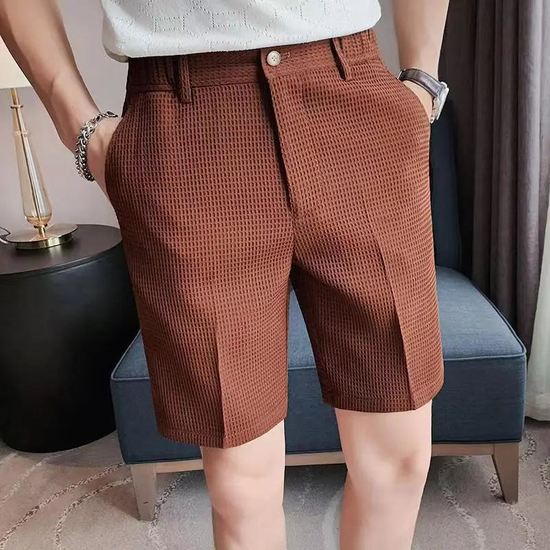 Summer Men Waffle Thin Coffee Suit Shorts Streetwear Fashion Male Clothes Korean Casual Pocket Straight 5 Points Ice Short Pants - Ellianto fashion Men's