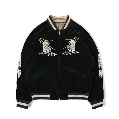 Non Stock 50s Alaska Embroidery Quilted Bomber Jacket Reversible Velveteen Outerwear Unisex