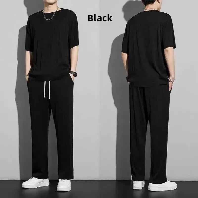 Casualsuit Ice Silk Sports Men's Summer Thin Short Sleeves T-shirt Quick Dry Long Pants Matching Half Sleeve Clothes Set - Ellianto fashion Men's