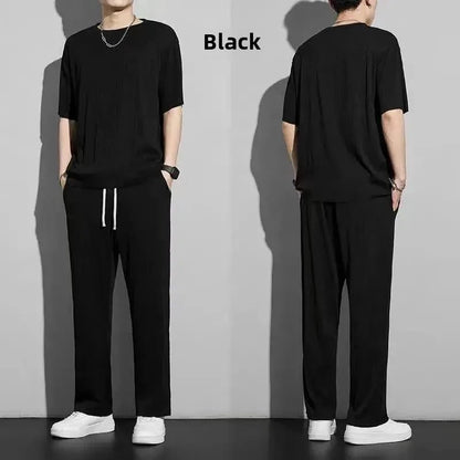 Casualsuit Ice Silk Sports Men's Summer Thin Short Sleeves T-shirt Quick Dry Long Pants Matching Half Sleeve Clothes Set - Ellianto fashion Men's