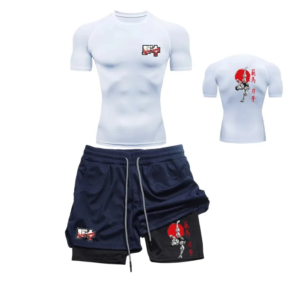 Men’s & Women’s Stylish Sports Set – Quick-Dry Fitness Wear with Baki Hanma Print & 2-in-1 Shorts