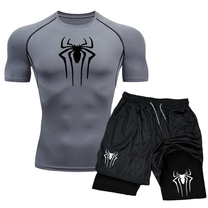 Men’s Spider-Print Compression Sports Set – Lightweight Quick-Dry Gym T-Shirt & Shorts for Effortless 2-Piece Training Comfort