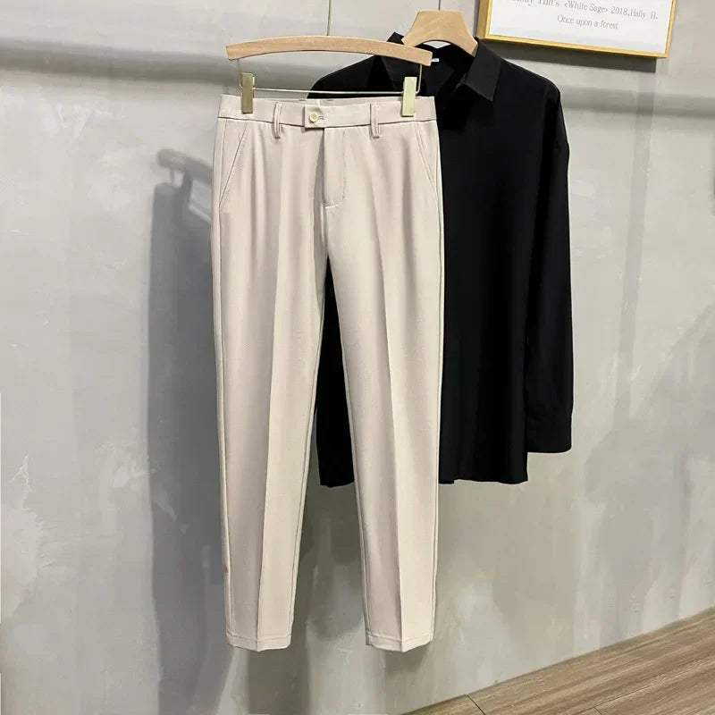 Men's Business Casual Pants Long Trousers Spring Summer Youth Slim Fit Suit Pants Spring Small Foot No Ironing Thin Pants - Ellianto fashion Men's