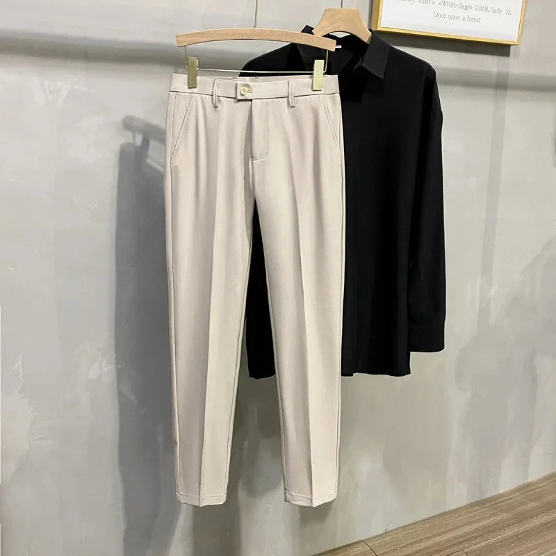 Men's Business Casual Pants Long Trousers Spring Summer Youth Slim Fit Suit Pants Spring Small Foot No Ironing Thin Pants - Ellianto fashion Men's