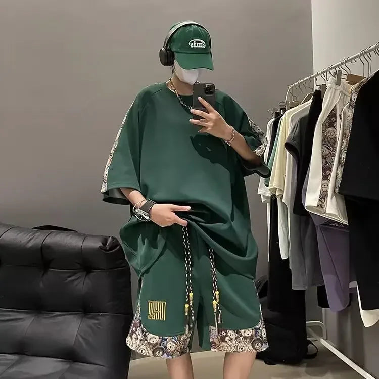 Chinese Style Men's Loose-fit Short Sleeve T-shirt Patchwork Design Sensibility Summer Sport Casual 2-piece Set - Ellianto fashion Men's