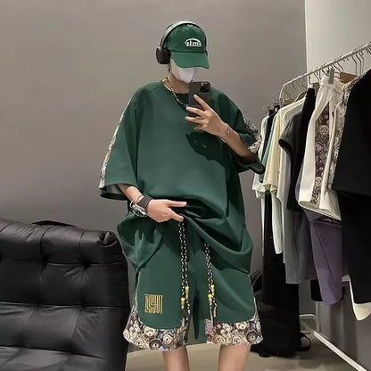 Chinese Style Men's Loose-fit Short Sleeve T-shirt Patchwork Design Sensibility Summer Sport Casual 2-piece Set - Ellianto fashion Men's