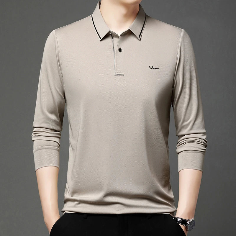 New Men's Business Casual Long Sleeved Shirt with Badge Solid Color Polo Shirt Fashionable Breathable Comfortable Versatile Top - Ellianto fashion Men's