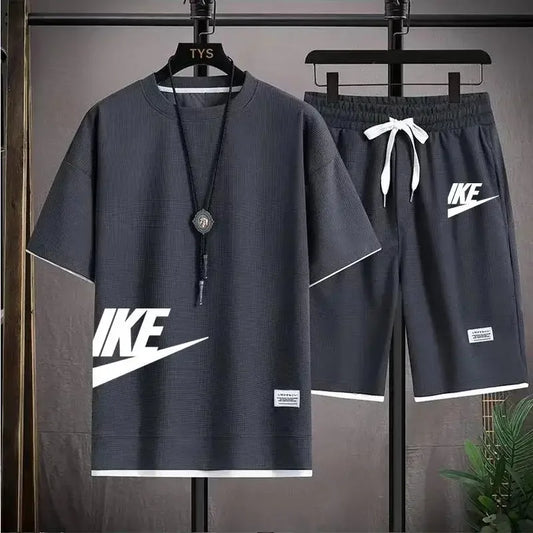 2025 Men's breathable short-sleeved T-shirt + jogging shorts two-piece summer fashion quick-dry fitness leisure sports suit - Ellianto fashion Men's