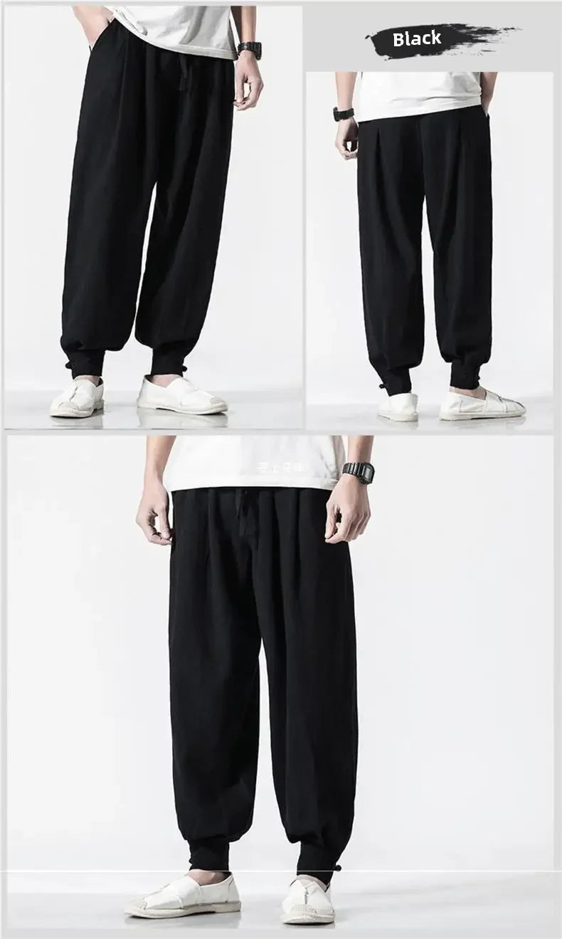 Loose-fit Cotton Linen Men's Women's Monk Pants No Tying Required Casual Spring Summer Long Pants For Zen Meditation - Ellianto fashion Men's