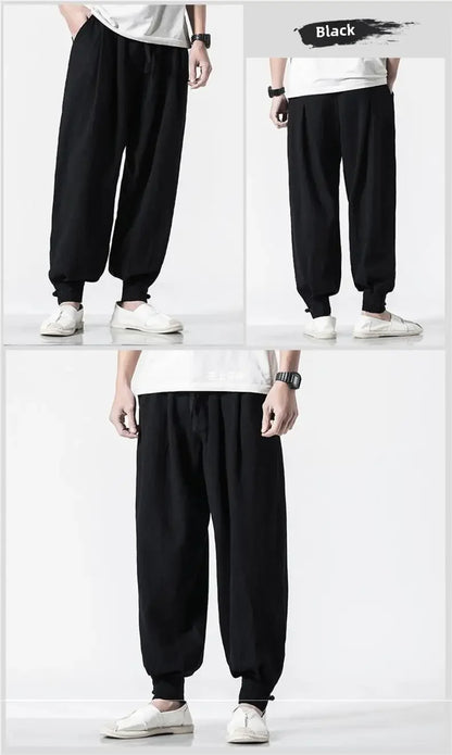 Loose-fit Cotton Linen Men's Women's Monk Pants No Tying Required Casual Spring Summer Long Pants For Zen Meditation - Ellianto fashion Men's