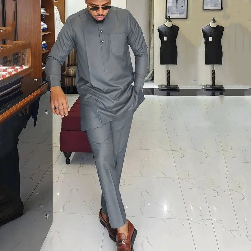 Wedding Suit For Men White Embroidered Pocket Top Pants Ensemble Homme African Traditional Casual Wear 2Pcs Sets Kaftan Outfits - Ellianto fashion Men's