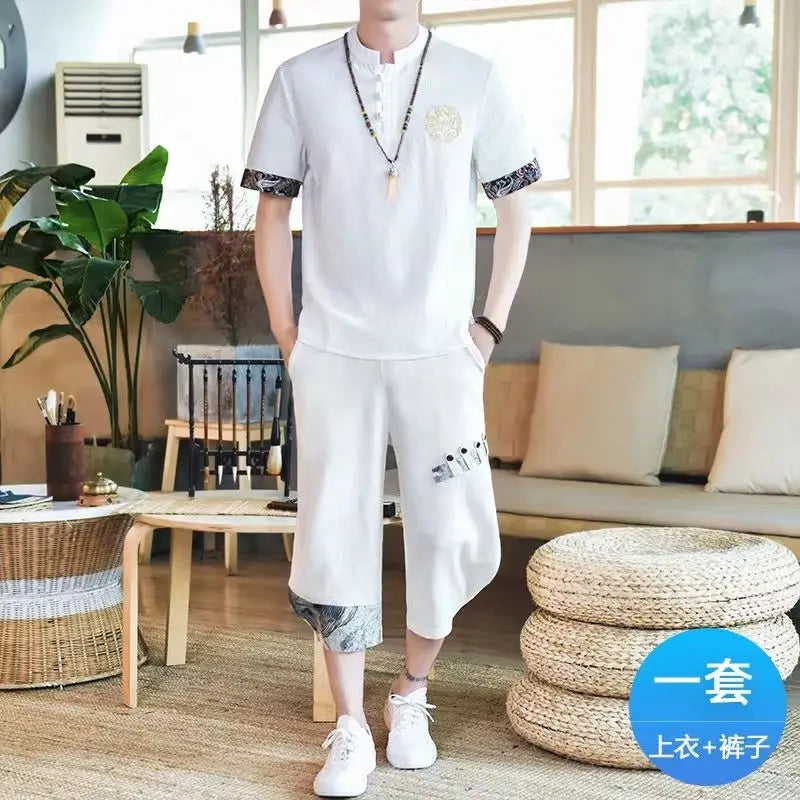 Set Men's Linen Short-Sleeve T-Shirt Summer Style Set Loose Cotton-Linen Retro Embroidered Top Two-Piece Set - Ellianto fashion Men's