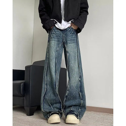 American high street men and women trendy silhouette splicing straight leg jeans couple spring loose retro casual pants - Ellianto fashion Men's
