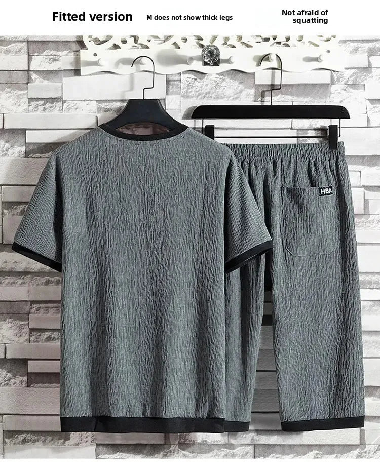 Ice Silk Men's Summer Loose Large Size Casual Sports Set Short Sleeve Seven Pants Two Piece Set Comfortable Breathable Clothing - Ellianto fashion Men's