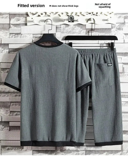 Ice Silk Men's Summer Loose Large Size Casual Sports Set Short Sleeve Seven Pants Two Piece Set Comfortable Breathable Clothing - Ellianto fashion Men's