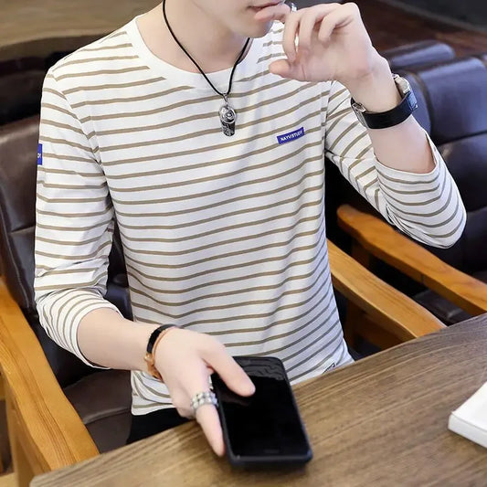 T Shirts for Men Stripe Tops Red Cotton Male Clothes Round Neck Harajuku Fashion Sale High Brand Regular Fit It Full Sleeve Tee - Ellianto fashion Men's