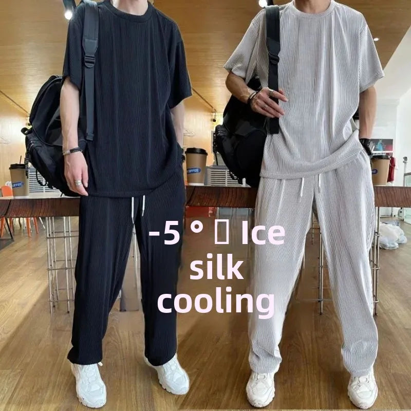 Casualsuit Ice Silk Sports Men's Summer Thin Short Sleeves T-shirt Quick Dry Long Pants Matching Half Sleeve Clothes Set - Ellianto fashion Men's
