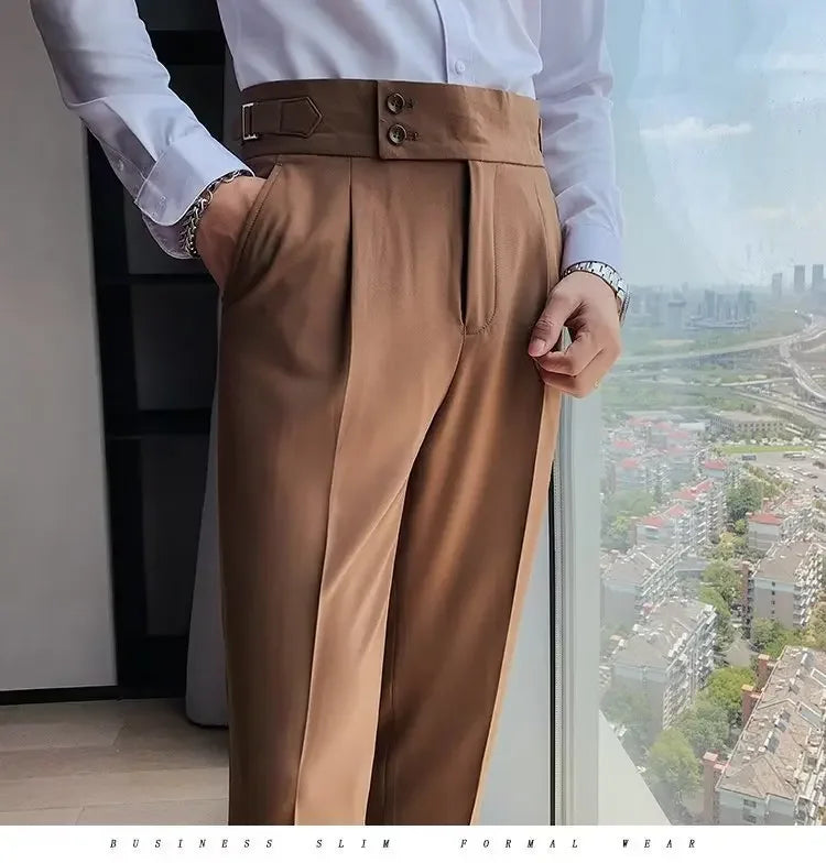 AutumnCasualTrousersMenStraight-LegNarrow-FitHigh-WaistedSlimsBritishStyleSuit Pants BusinessAttire - Ellianto fashion Men's