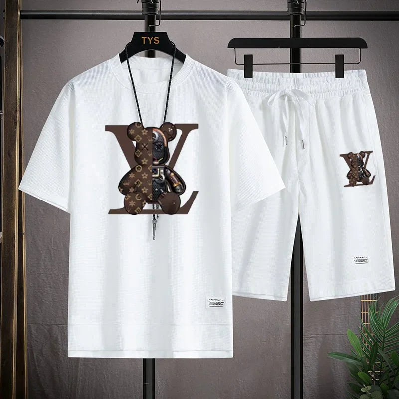 Set 2025 Summer Trend European and American men's sportswear Set: A brand-new outdoor jogging casual breathable short-sleeved T-shir - Ellianto fashion Men's