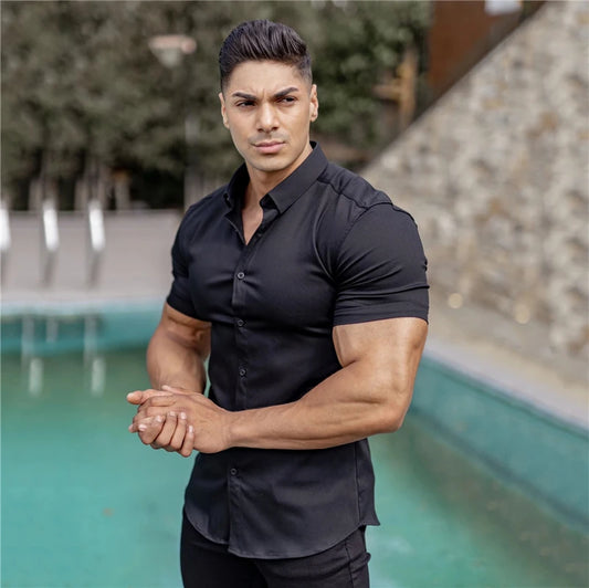 Summer Fashion Super Slim Fit Short Sleeve Shirts Men Classic Casual Dress Shirt Male Hipster Relaxed Luxe Formal Shirt - Ellianto fashion Men's