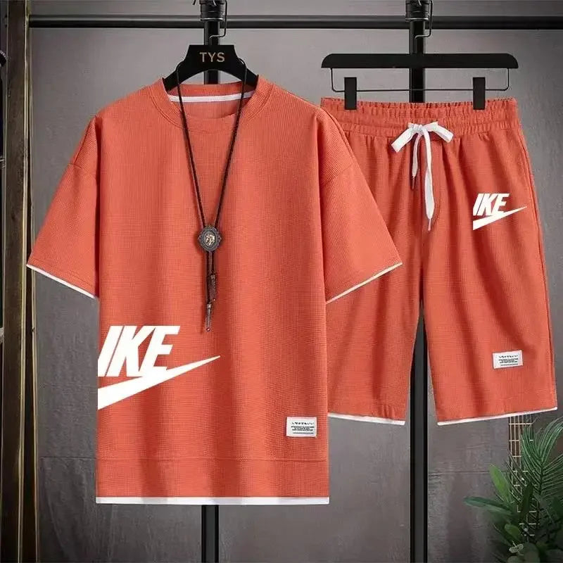 2025 Men's breathable short-sleeved T-shirt + jogging shorts two-piece summer fashion quick-dry fitness leisure sports suit - Ellianto fashion Men's