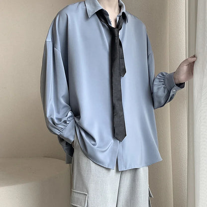 Korean Style Men's Long-sleeved Shirts Black Tie Cozy Casual Solid Oversize Blouses Breathable Loose Shirt Harajuku Male Clothes - Ellianto fashion Men's