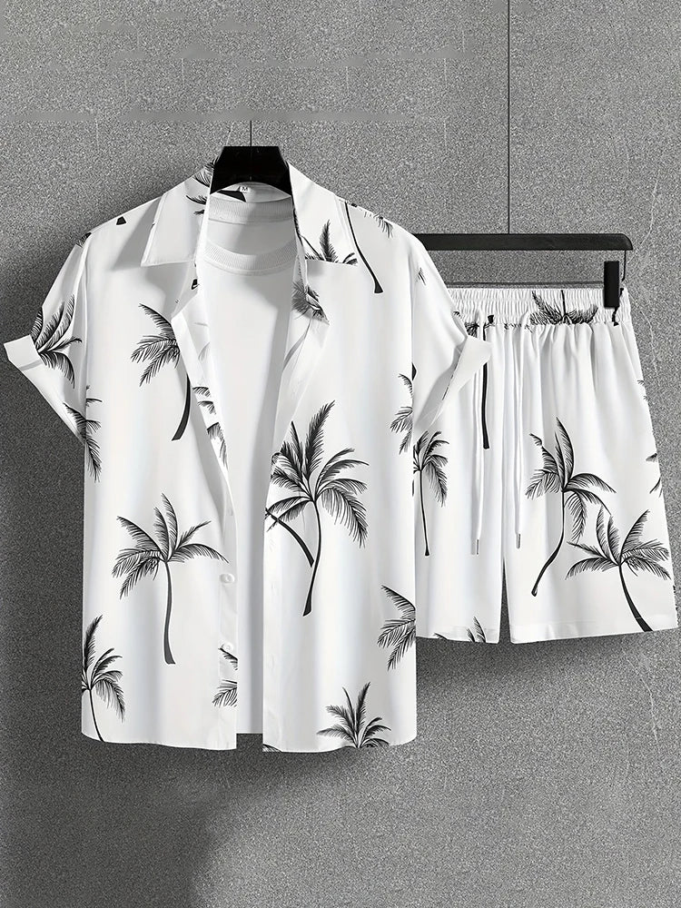 Set Hawaiian Coconut Tree Print Men's Shirt Summer Short Sleeve Tops Beach Shorts 2 Piece Sets Casual Vacation Style Outfit Clothing - Ellianto fashion Men's
