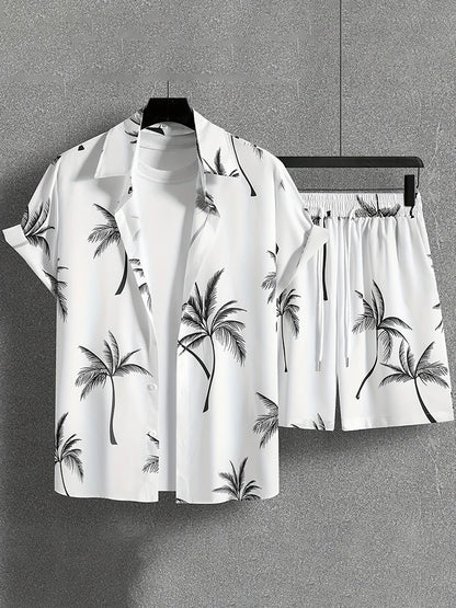 Set Hawaiian Coconut Tree Print Men's Shirt Summer Short Sleeve Tops Beach Shorts 2 Piece Sets Casual Vacation Style Outfit Clothing - Ellianto fashion Men's