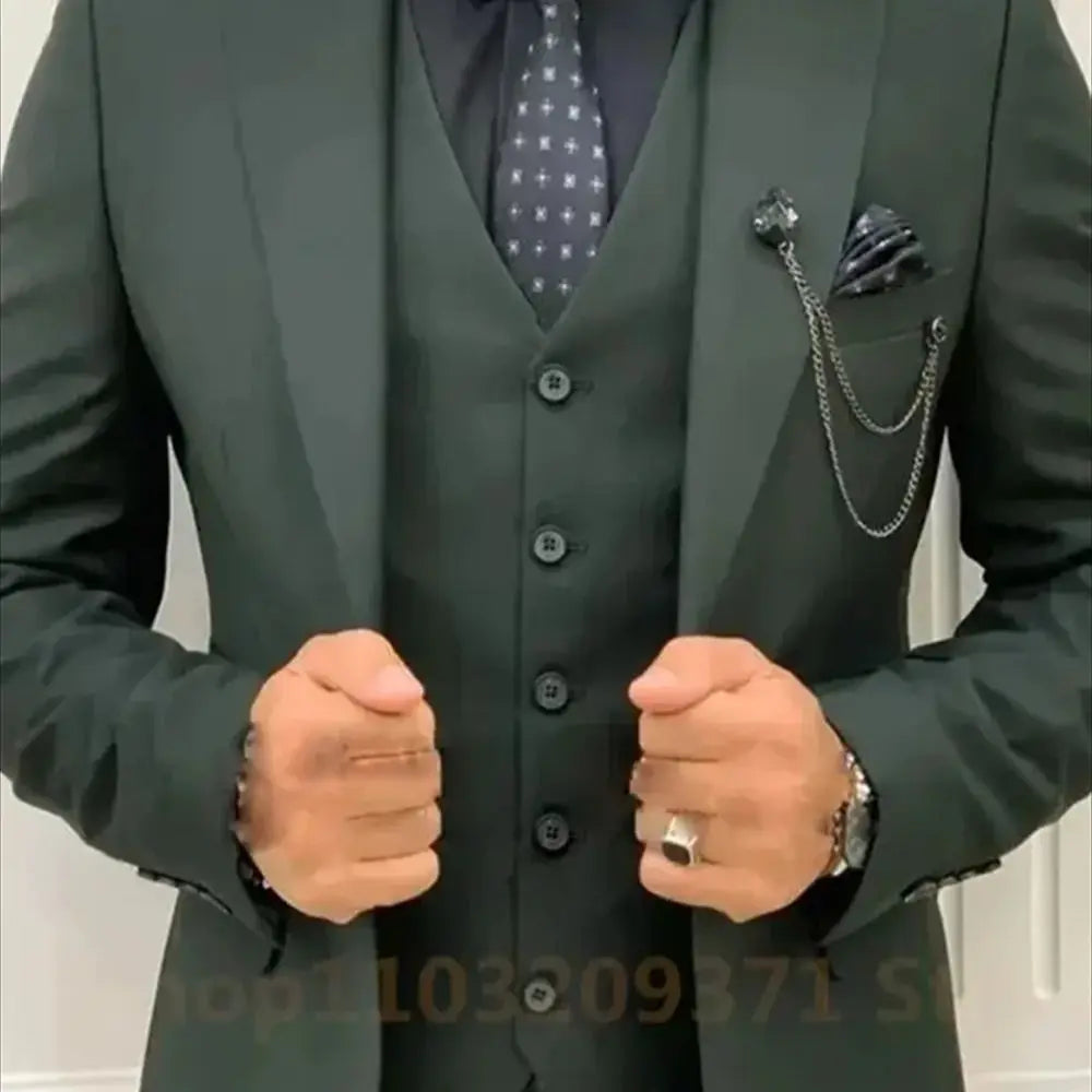 3 Pieces Post Green Suits Men Suits Wedding Wear Business Male Groom Wedding Dress Jacket Vest Pants Set Blazers Coat - Ellianto fashion Men's