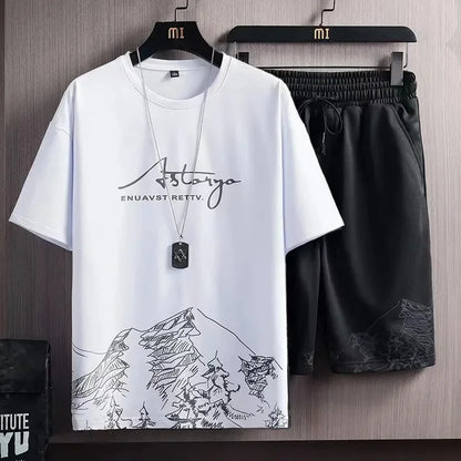 Men's Ice Silk Short Sleeve T-Shirt Suit Summer New Digital Printing Fashionable Korean Style Slims Smooths Your Silhouette Spor - Ellianto fashion Men's
