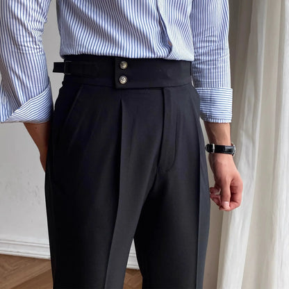 Fashionable High-End Men's Casual Pants Naples Straight Leg Non-Iron Business Paris Buckle High Waist Long Trousers - Ellianto fashion Men's