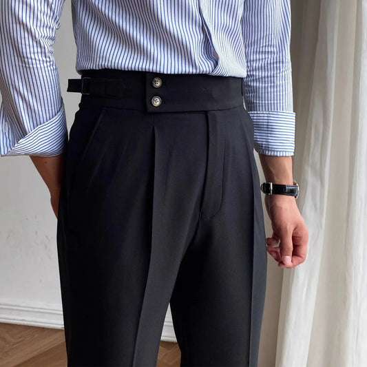 Fashionable High-End Men's Casual Pants Naples Straight Leg Non-Iron Business Paris Buckle High Waist Long Trousers - Ellianto fashion Men's