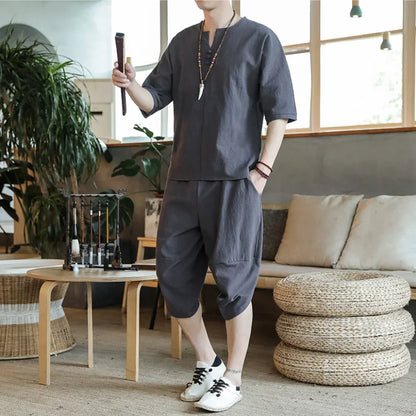 Men's Loose-fit Casual Pants Set Chinese Style Cotton Linen Short Sleeve Shirt Seven-point Shorts Two-piece Suit - Ellianto fashion Men's