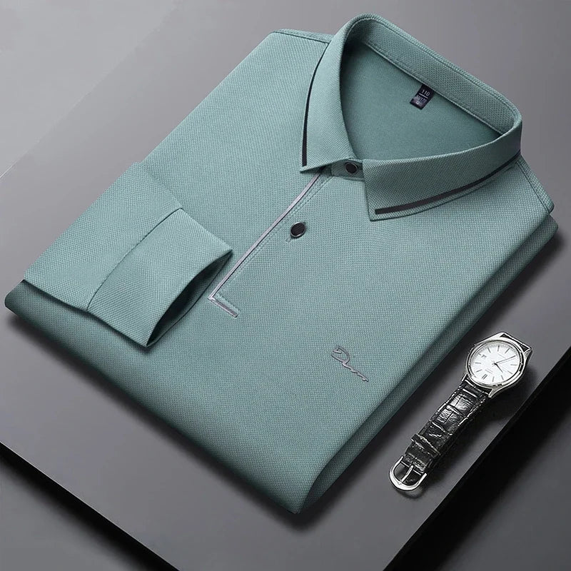 New Men's Business Casual Long Sleeved Shirt with Badge Solid Color Polo Shirt Fashionable Breathable Comfortable Versatile Top - Ellianto fashion Men's