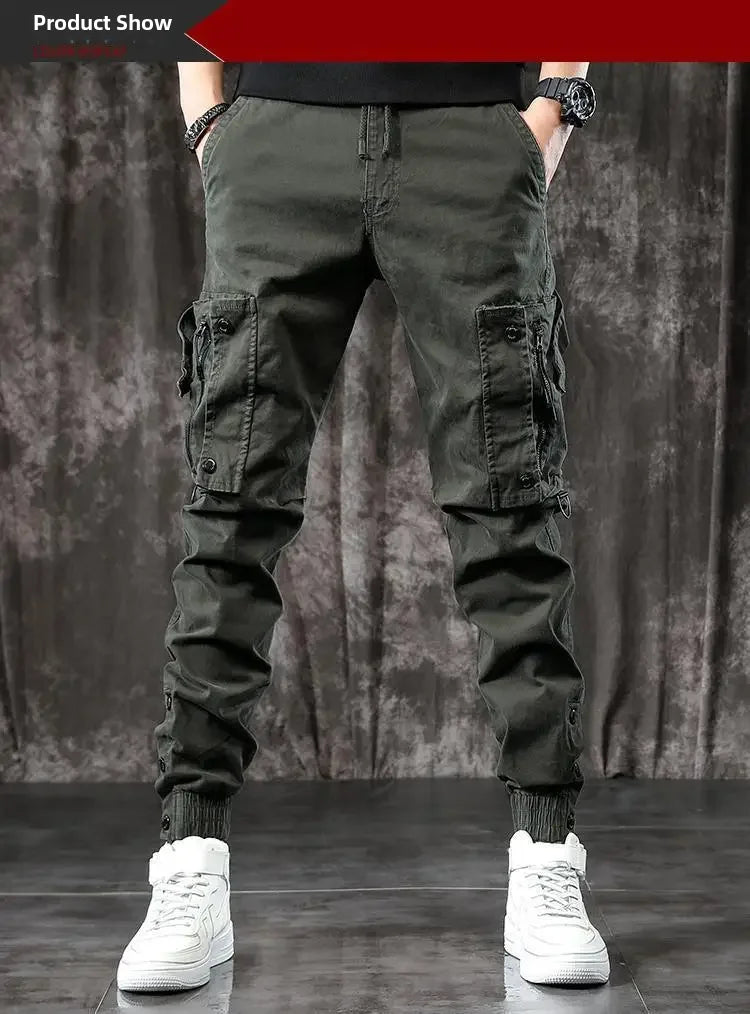 Trendy Men's Spring Autumn Cargo Pants Slim Fit Casual Style Loose Fit American Style Multiple Pocket Small Foot Pants Black - Ellianto fashion Men's