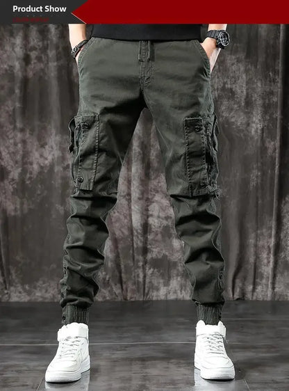 Trendy Men's Spring Autumn Cargo Pants Slim Fit Casual Style Loose Fit American Style Multiple Pocket Small Foot Pants Black - Ellianto fashion Men's
