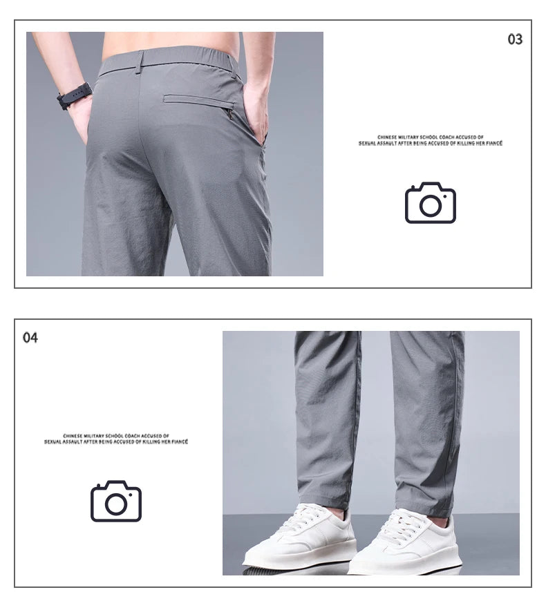 Summer New Business Ice Silk Pants Straight Elastic Waist Black Gray Trousers Breathable Simple Male Clothing Casual Suit Pants - Ellianto fashion Men's