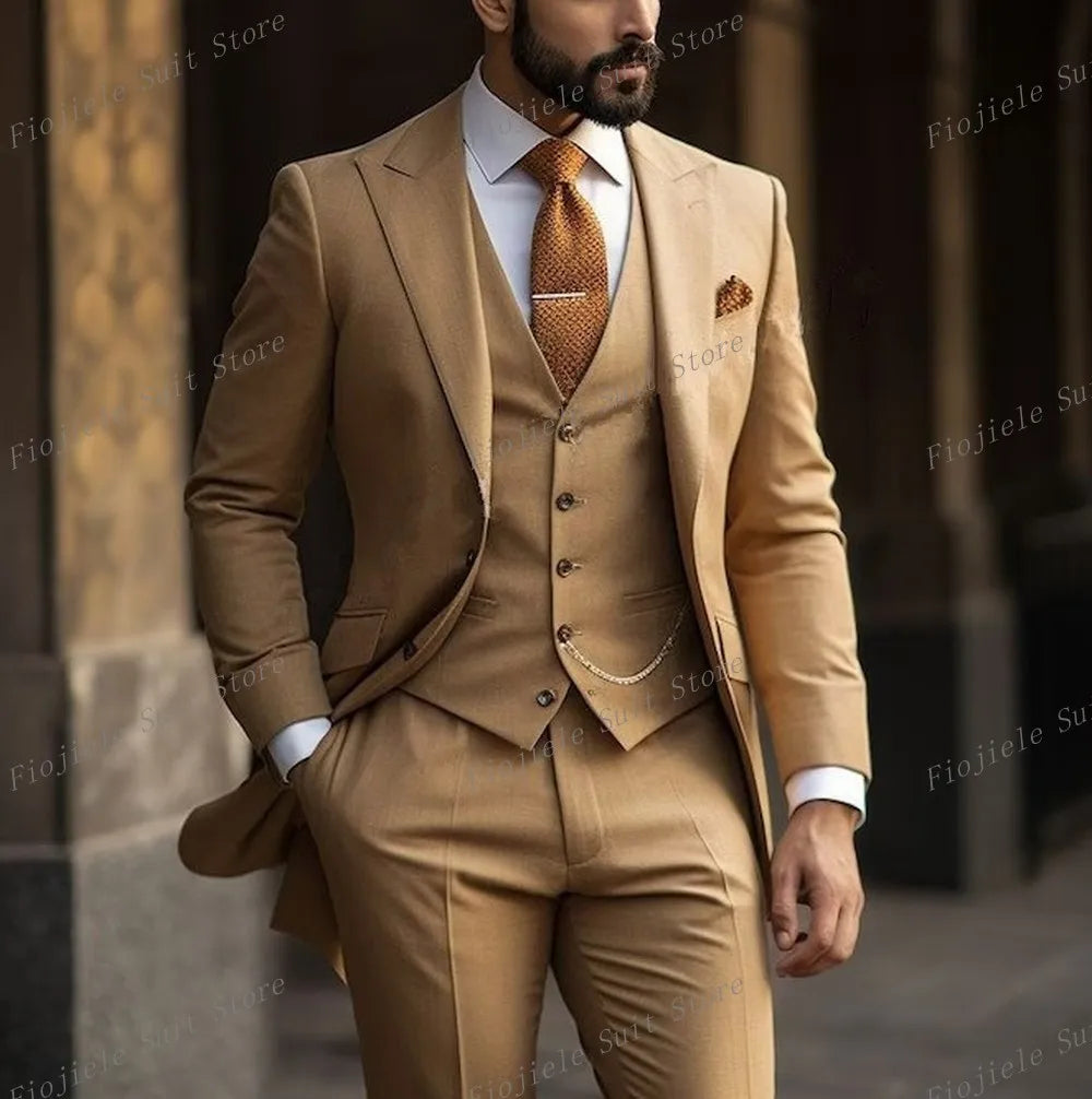 New Beige Business Suit Men Tuxedos Groom Groomsman Prom Wedding Party Formal 3 Piece Set Jacket Vest Pants - Ellianto fashion Men's