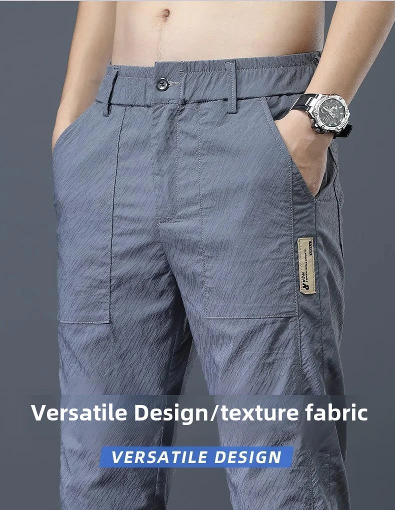 Men's Summer Thin Casual Pants Breathable Ice Silk Elastic Straight-leg Loose-fit Quick Dry Pants Trendy Versatile Long - Ellianto fashion Men's