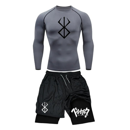 Men’s Berserk Guts Compression Set – Quick-Dry Rash Guard Top (Long or Short Sleeve) & Workout Shorts