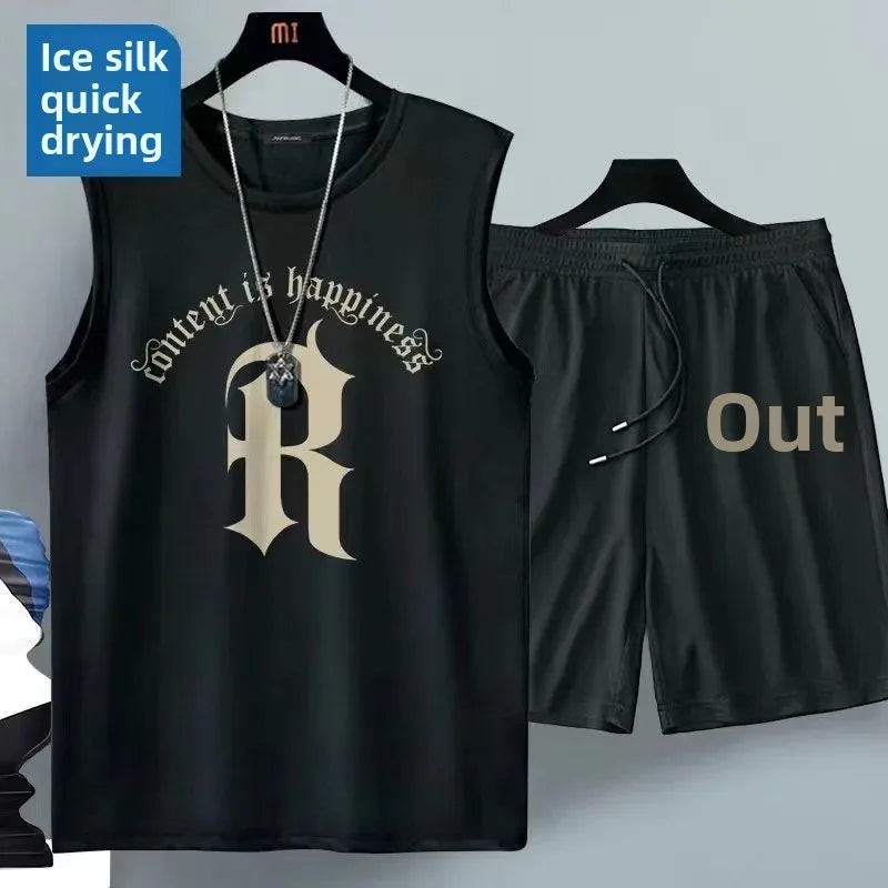 Ice Silk Men's Sports Set Quick Dry Basketball Uniform Summer Vest Shorts Gym Running One Piece Thin Male Fitness Outfit - Ellianto fashion Men's