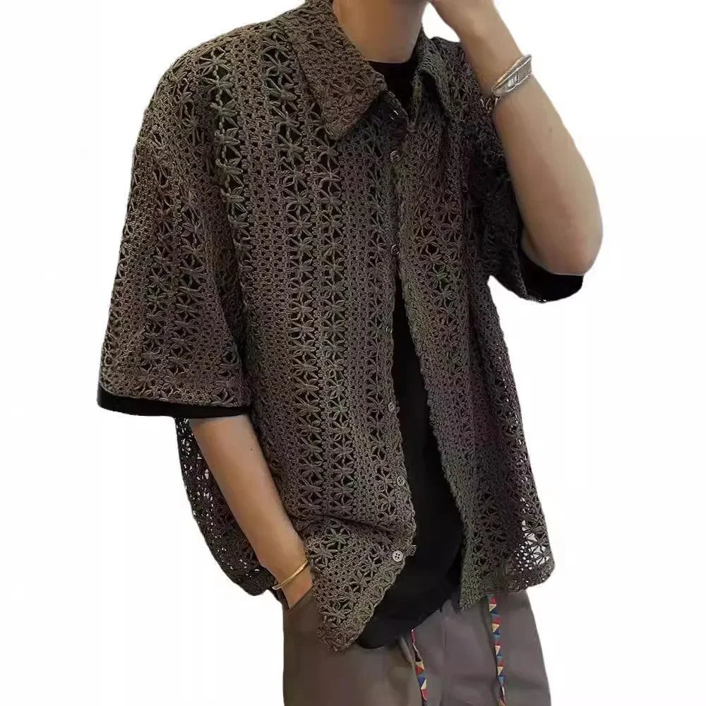 Summer Vintage American-Style Knit Shirt – Breathable, Loose-Fit Comfort and Effortless Military-Green Casual Elegance for the Modern Gentleman