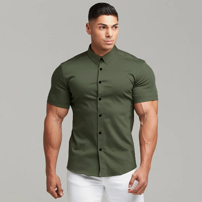 Summer Fashion Super Slim Fit Short Sleeve Shirts Men Classic Casual Dress Shirt Male Hipster Relaxed Luxe Formal Shirt - Ellianto fashion Men's