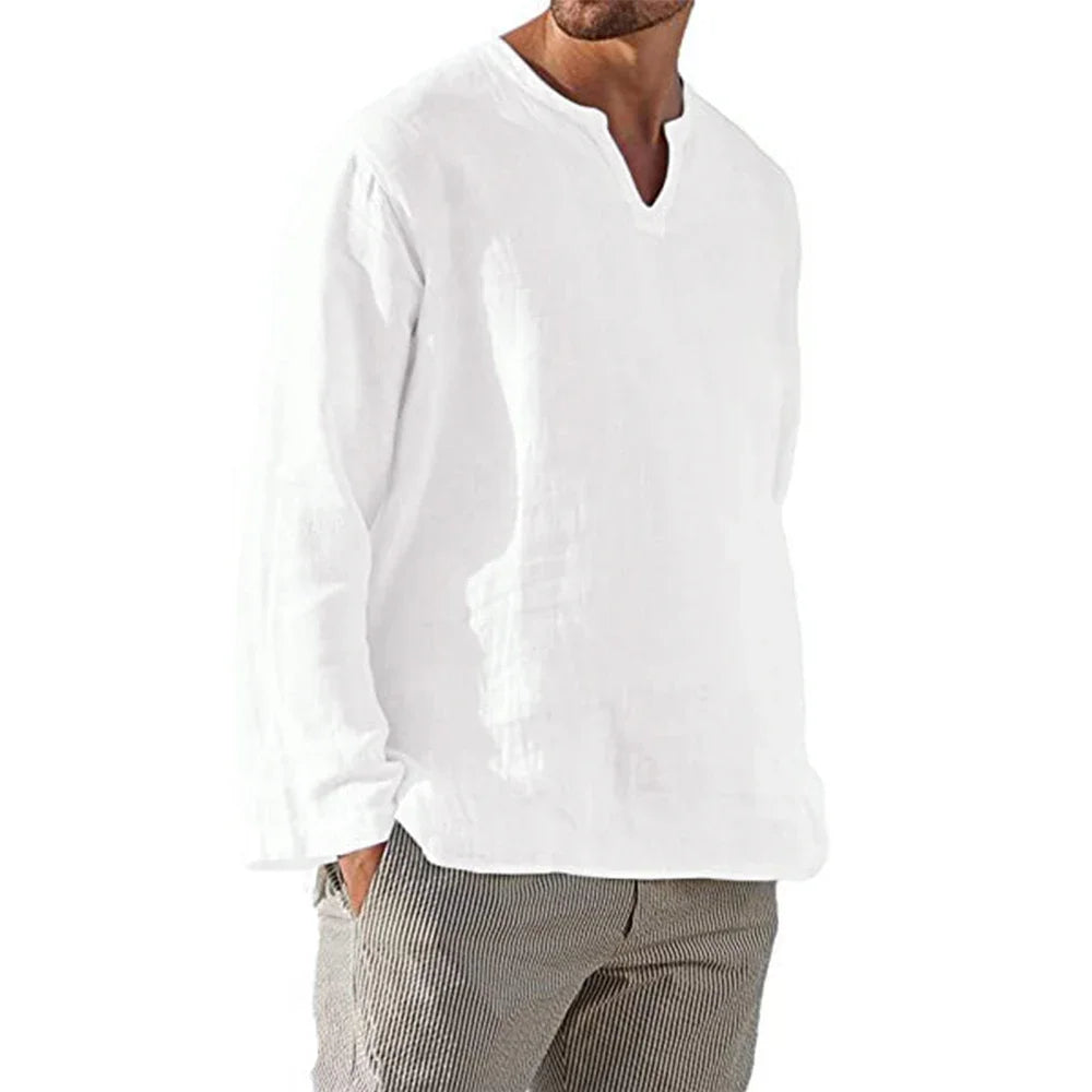 Men's Cotton Linen Shirt Cozy Solid Color Long Sleeve Breathable Tops V Neck Casual Blouse Hawaiian Shirt Lightweight Shirts - Ellianto fashion Men's