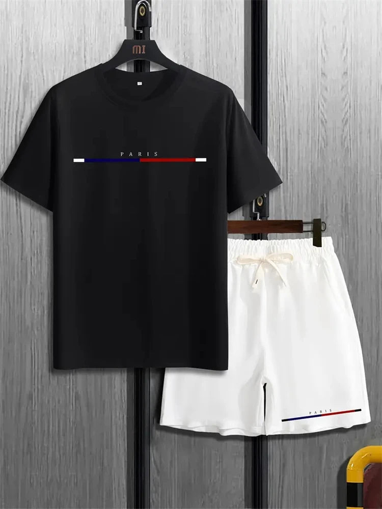 set / 2025 New Fashion Design Men's T-Shirt Men's Sports Drawstring Shorts Simple Printed Men's 2-Piece Summer Gym Breathable Suit - Ellianto fashion Men's