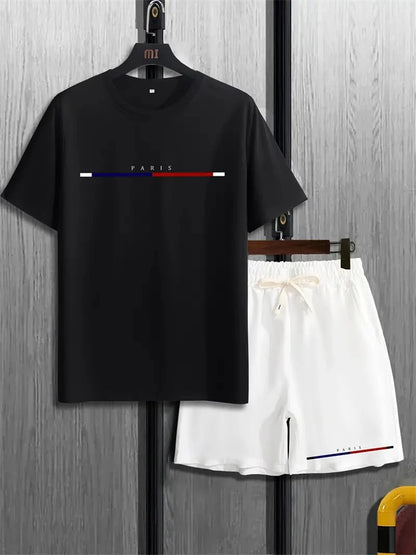 set / 2025 New Fashion Design Men's T-Shirt Men's Sports Drawstring Shorts Simple Printed Men's 2-Piece Summer Gym Breathable Suit - Ellianto fashion Men's