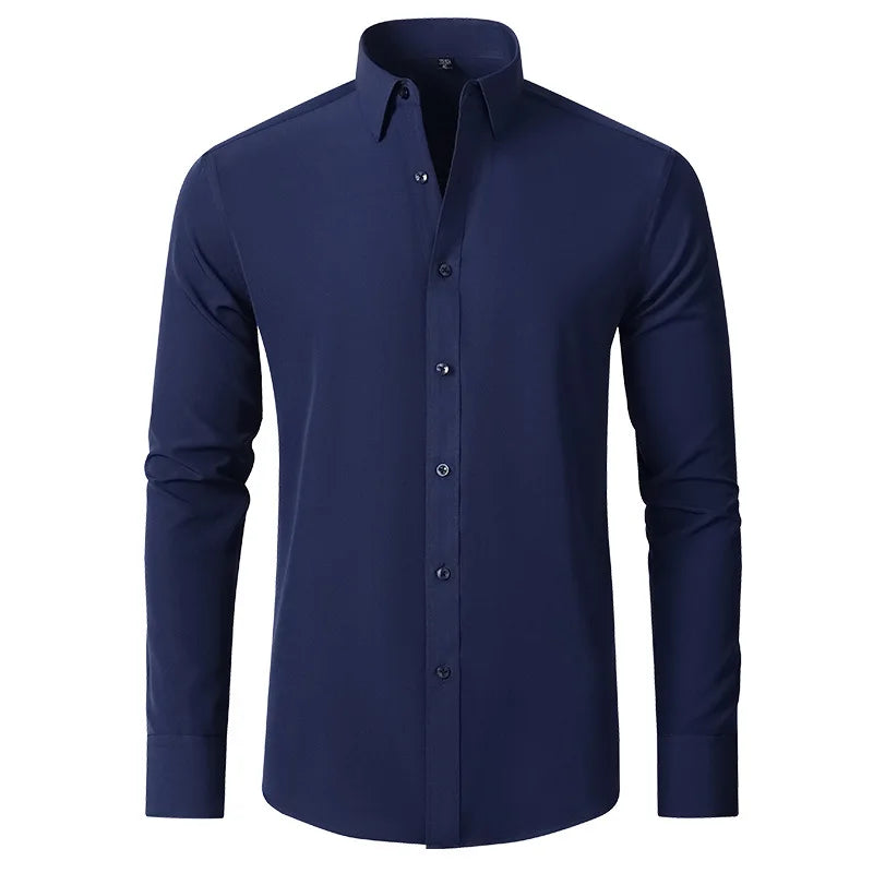 High Elasticity Seamless Spandex Shirt Men Long Sleeve Slim Fit Casual Solid Color Social Formal Dress Shirts 2025 - Ellianto fashion Men's