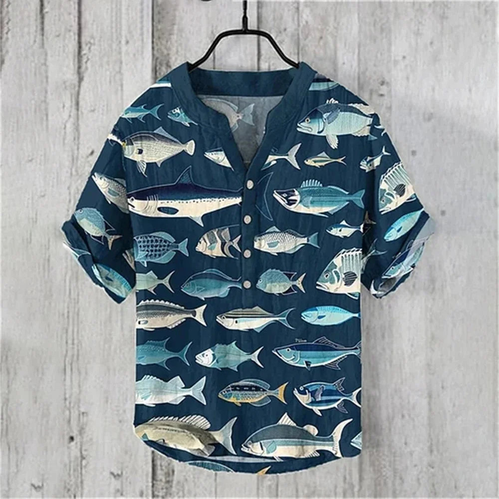 New short-sleeved V-neck shirt short-sleeved 3D printed linen shirt retro fish linen shirt comfortable men's breathable shirt - Ellianto fashion Men's