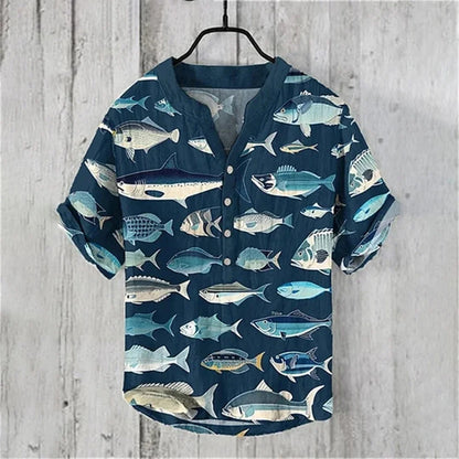 New short-sleeved V-neck shirt short-sleeved 3D printed linen shirt retro fish linen shirt comfortable men's breathable shirt - Ellianto fashion Men's