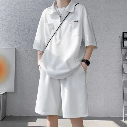 Ice Silk Short Sleeve Polo Shirt Men Summer Trendy Shorts Casual Sports Set Seven Half Zipper Comfortable Thin Male Clothing - Ellianto fashion Men's